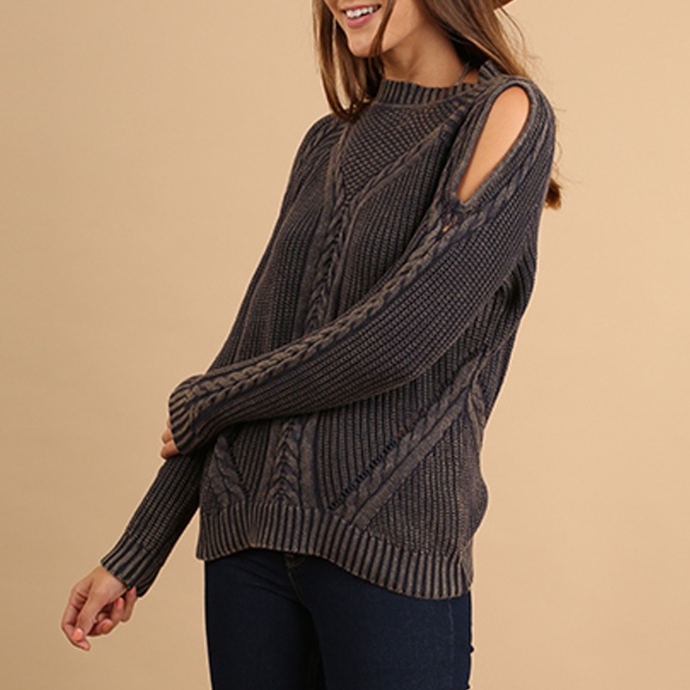 Umgee Cable knit Sweater Cold Shoulder Gray Wash S